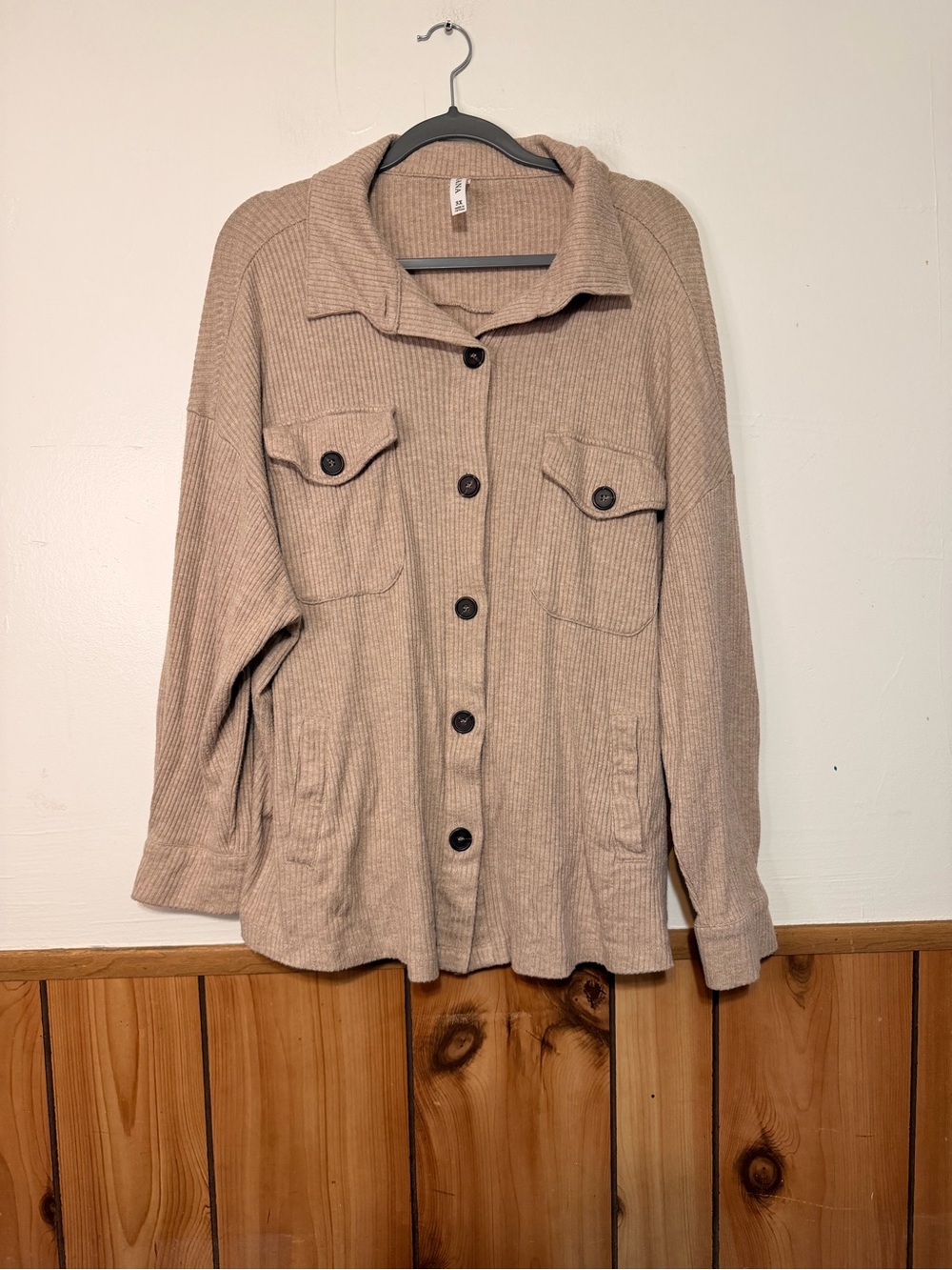 Zenana Outfitters Taupe Ribbed Button-Front Utility Shacket